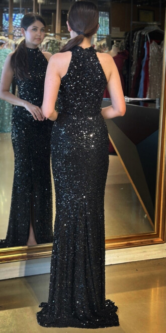 Siyah Stefanel Yaka Yırtmaçlı Düz Kesim Payet Uzun Abiye Elbise 7781 - 5