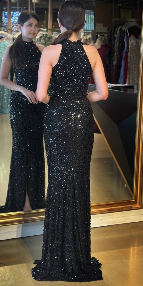 Siyah Stefanel Yaka Yırtmaçlı Düz Kesim Payet Uzun Abiye Elbise 7781 - 5