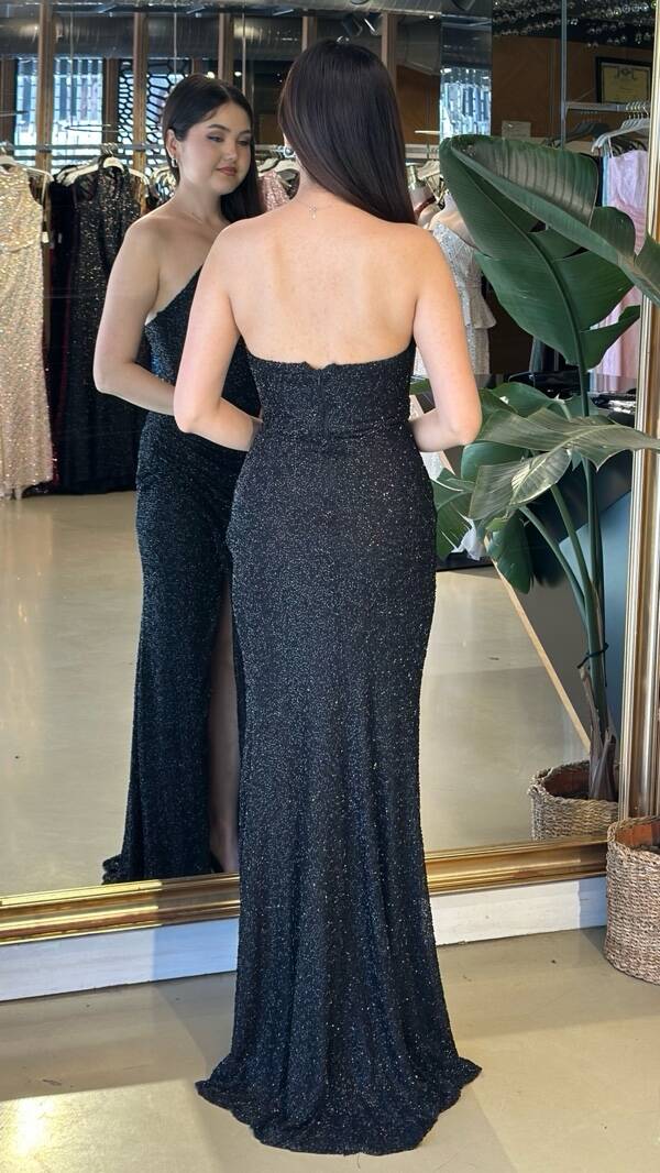 Siyah Straplez Yaka Anvelop Yırtmaçlı Likralı Pullu Boncuklu Uzun Abiye Elbise 11219-01 - 5