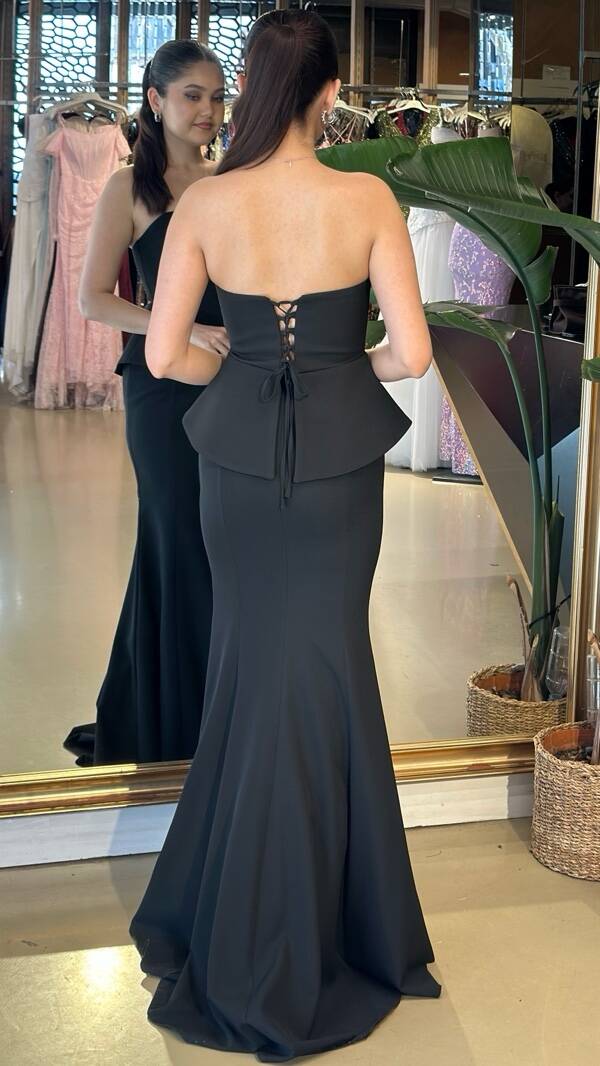 Siyah Straplez Yaka Balık Etekli Krep Uzun Abiye Elbise 11224-04 - 5