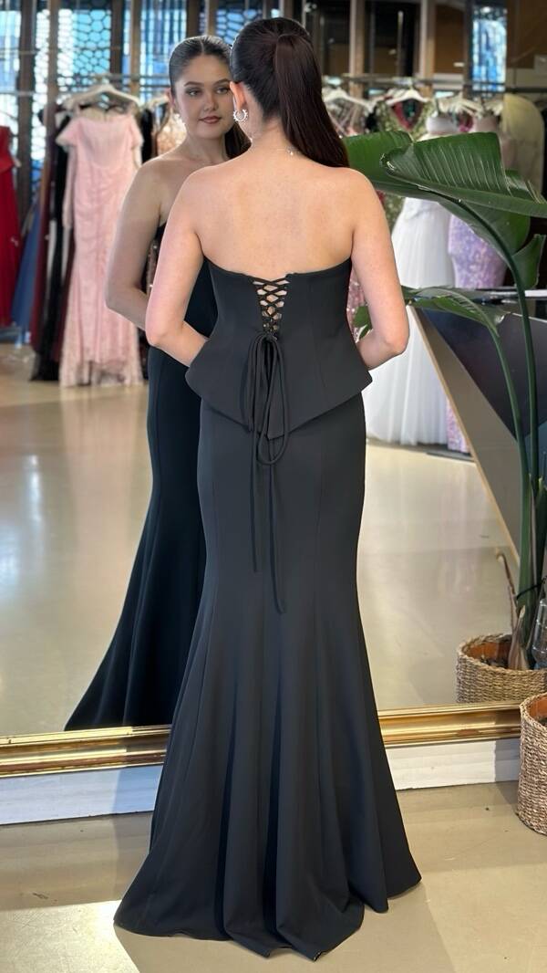 Siyah Straplez Yaka Balık Etekli Krep Uzun Abiye Elbise 11242-02 - 3