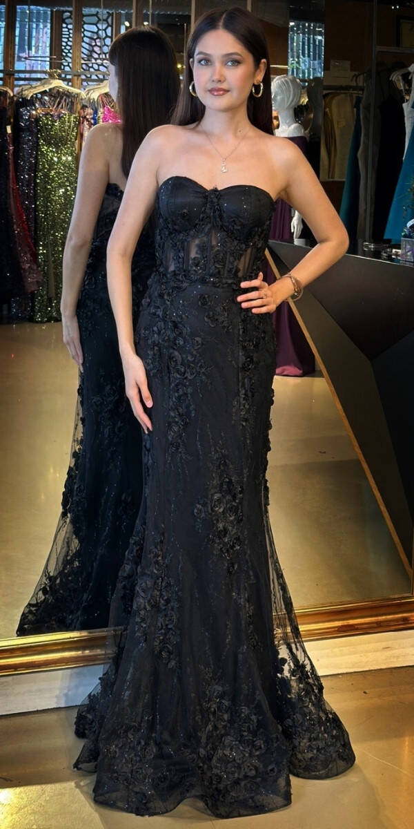 Siyah Straplez Yaka Bel Dekolteli Düz Kesim Brode Tül Uzun Abiye Elbise 11061 - 1