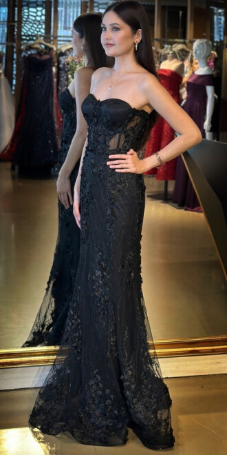 Siyah Straplez Yaka Bel Dekolteli Düz Kesim Brode Tül Uzun Abiye Elbise 11061 - 2