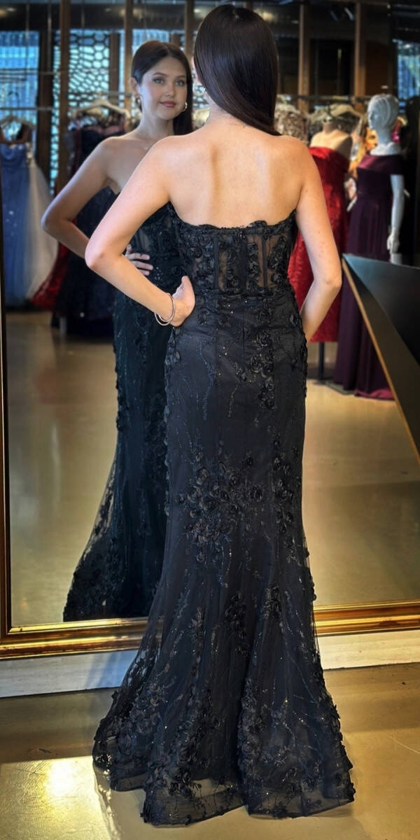 Siyah Straplez Yaka Bel Dekolteli Düz Kesim Brode Tül Uzun Abiye Elbise 11061 - 5