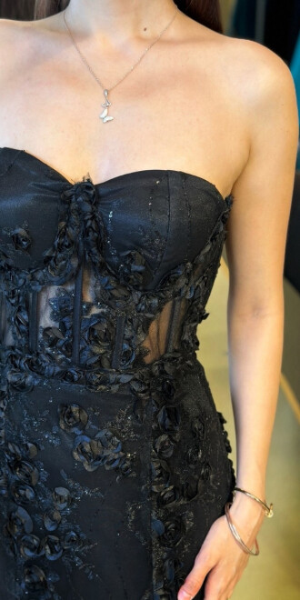 Siyah Straplez Yaka Bel Dekolteli Düz Kesim Brode Tül Uzun Abiye Elbise 11061 - 4