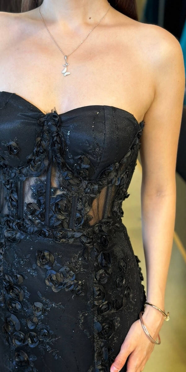 Siyah Straplez Yaka Bel Dekolteli Düz Kesim Brode Tül Uzun Abiye Elbise 11061 - 4