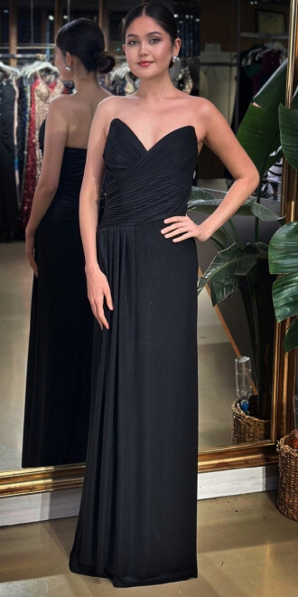 Siyah Straplez Yaka Göğüs Dekolteli Düz Kesim Likralı Parlak Kumaş Uzun Abiye Elbise 11083-04 - abiyeniall