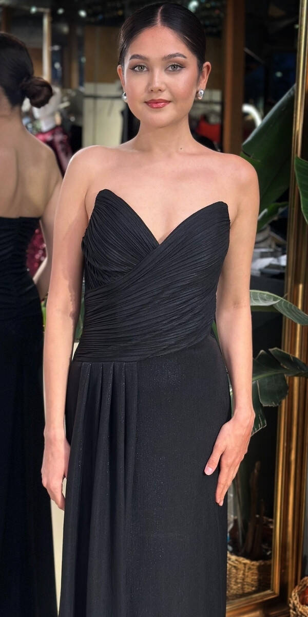 Siyah Straplez Yaka Göğüs Dekolteli Düz Kesim Likralı Parlak Kumaş Uzun Abiye Elbise 11083-04 - 3