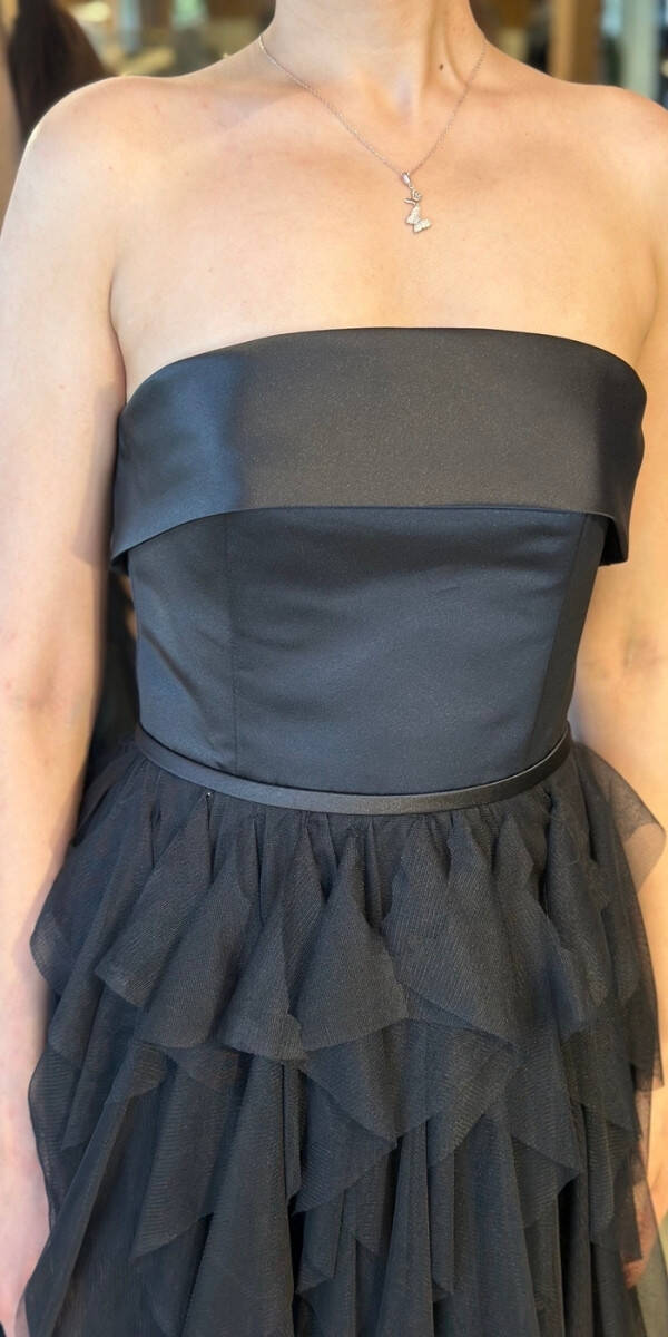 Siyah Straplez Yaka Kloş Etekli Tül Uzun Abiye Elbise 11040 - 4