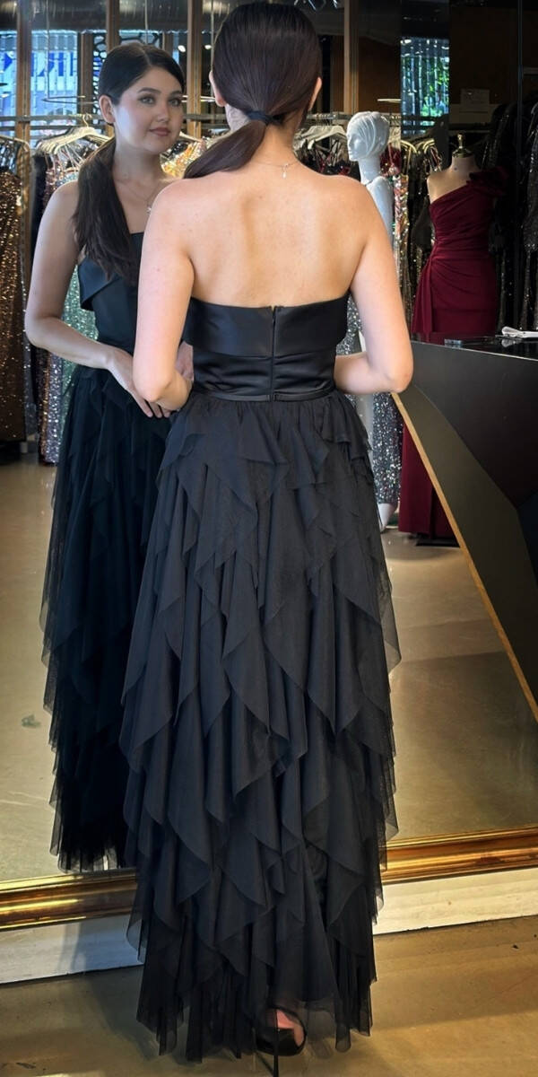 Siyah Straplez Yaka Kloş Etekli Tül Uzun Abiye Elbise 11040 - 5