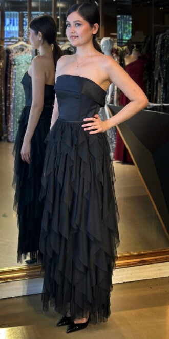 Siyah Straplez Yaka Kloş Etekli Tül Uzun Abiye Elbise 11040 - 2