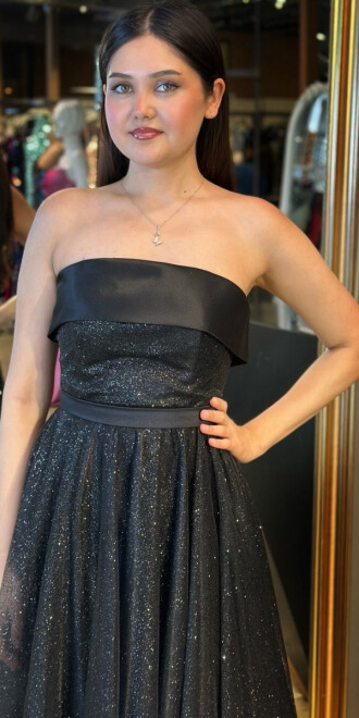 Siyah Straplez Yaka Kloş Etekli Tül Uzun Abiye Elbise 7743 - 2