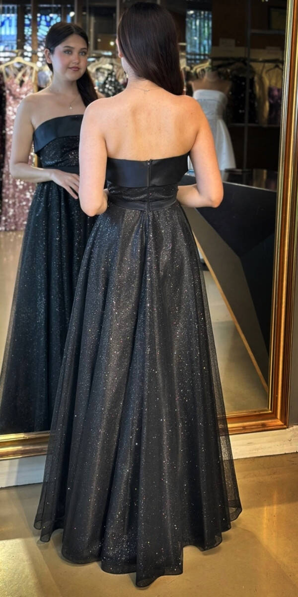 Siyah Straplez Yaka Kloş Etekli Tül Uzun Abiye Elbise 7743 - 4