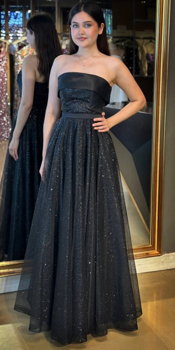 Siyah Straplez Yaka Kloş Etekli Tül Uzun Abiye Elbise 7743 - 1