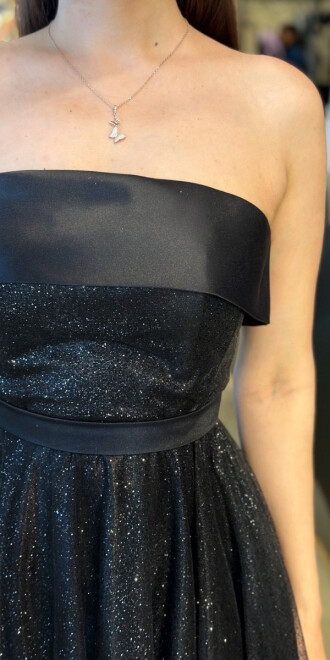 Siyah Straplez Yaka Kloş Etekli Tül Uzun Abiye Elbise 7743 - 3