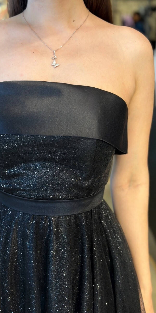 Siyah Straplez Yaka Kloş Etekli Tül Uzun Abiye Elbise 7743 - 3