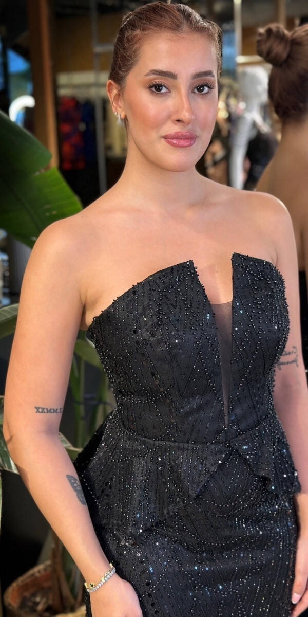 Siyah Straplez Yaka Sırt Dekolteli Düz Kesim Pullu Boncuklu Uzun Abiye Elbise 11116-02 - 3