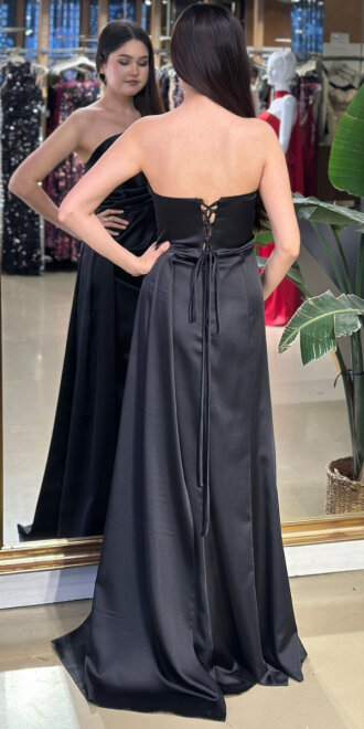 Siyah Straplez Yaka Sırt Dekolteli Düz Kesim Saten Uzun Abiye Elbise 11131-04 - 5