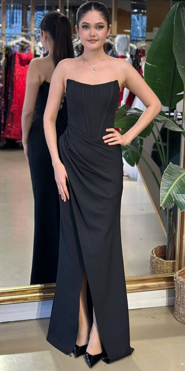 Siyah Straplez Yaka Sırt Dekolteli Yırtmaçlı Düz Kesim Krep Uzun Abiye Elbise 11175-02 - 1