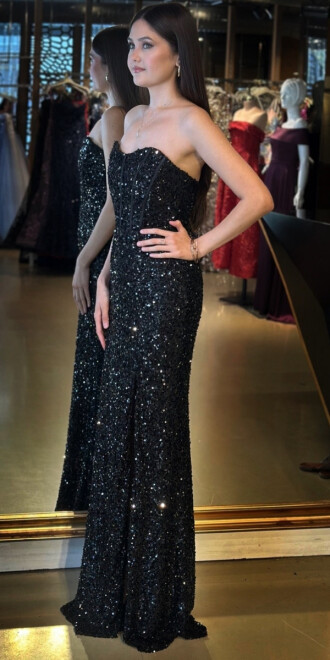 Siyah Straplez Yaka Sırt Dekolteli Yırtmaçlı Düz Kesim Payet Uzun Abiye Elbise 11093 - 2