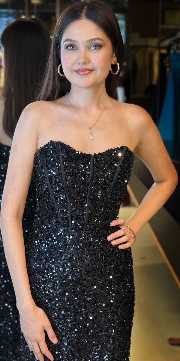 Siyah Straplez Yaka Sırt Dekolteli Yırtmaçlı Düz Kesim Payet Uzun Abiye Elbise 11093 - 3