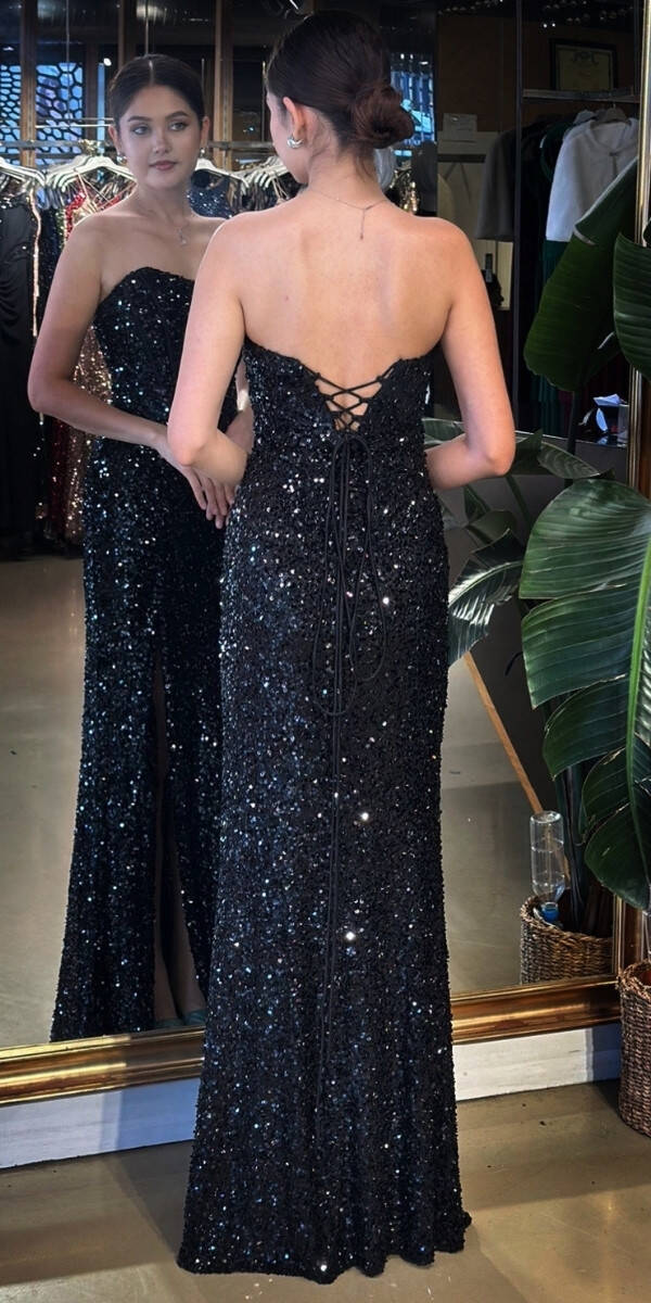 Siyah Straplez Yaka Sırt Dekolteli Yırtmaçlı Düz Kesim Payet Uzun Abiye Elbise 11093 - 5