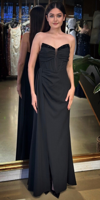 Siyah Straplez Yaka Taş Detaylı Anvelop Yırtmaçlı Düz Kesim Krep Uzun Abiye Elbise 11109-09 - abiyeniall