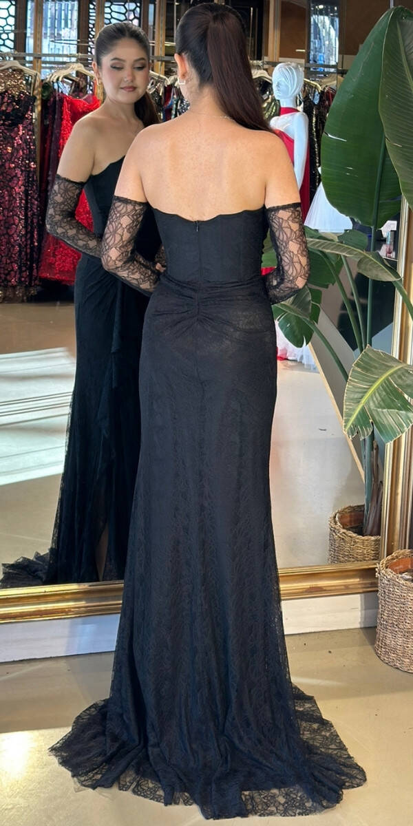 Siyah Straplez Yaka Uzun Kollu Anvelop Yırtmaçlı Düz Kesim Likralı Dantel Uzun Abiye Elbise 11204-01 - 5