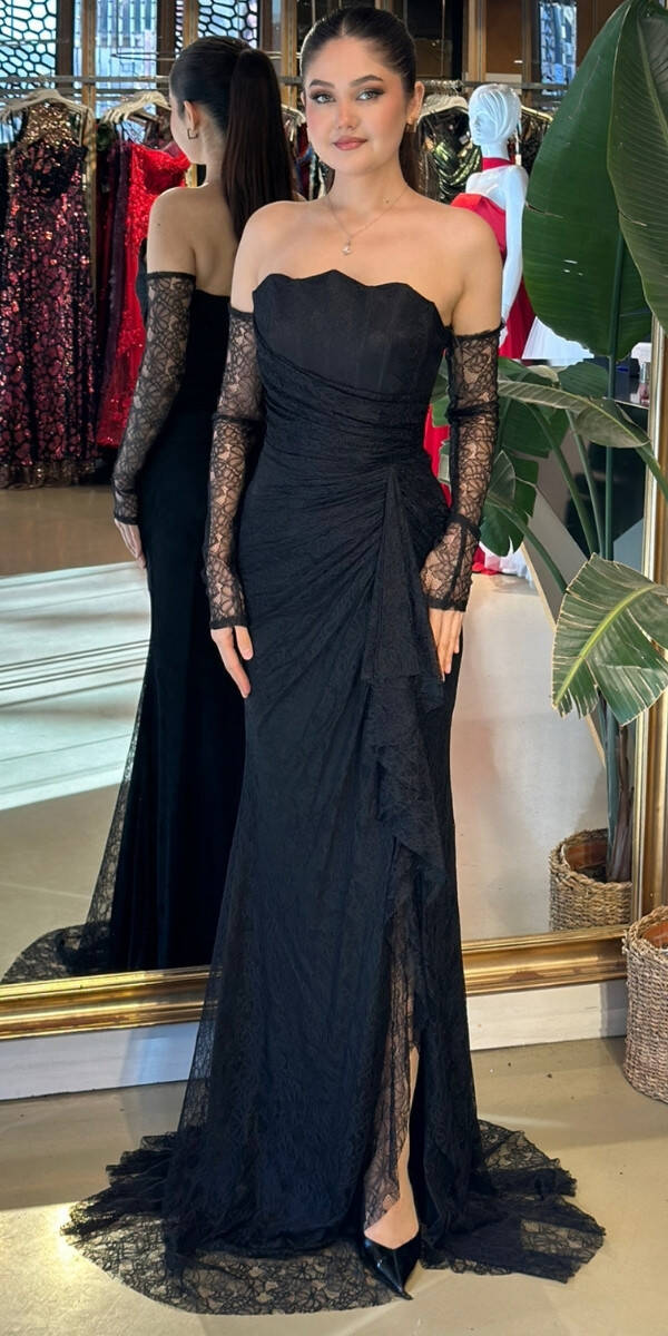 Siyah Straplez Yaka Uzun Kollu Anvelop Yırtmaçlı Düz Kesim Likralı Dantel Uzun Abiye Elbise 11204-01 - 1