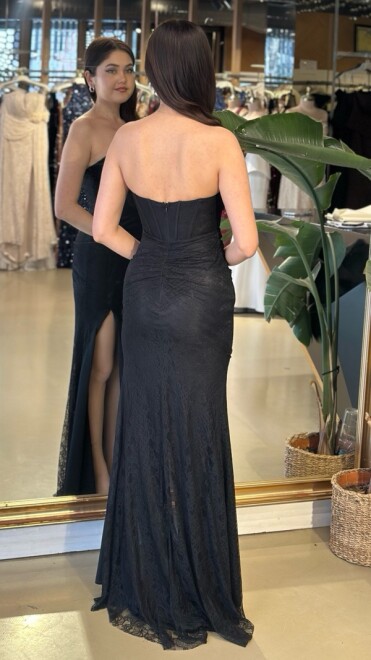 Siyah Straplez Yaka Yırtmaçlı Balık Etekli Dantel Uzun Abiye Elbise 11218-01 - 5