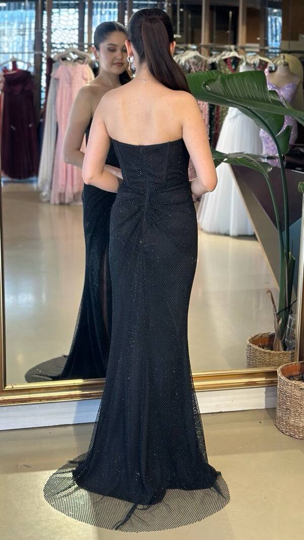 Siyah Straplez Yaka Yırtmaçlı Balık Etekli Taşlı Uzun Abiye Elbise 11171-01 - 5