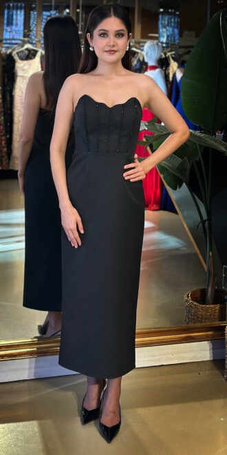 Siyah Straplez Yaka Yırtmaçlı Düz Kesim Krep Midi Abiye Elbise 11169-02 - abiyeniall