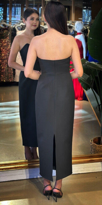 Siyah Straplez Yaka Yırtmaçlı Düz Kesim Krep Midi Abiye Elbise 11169-02 - 5