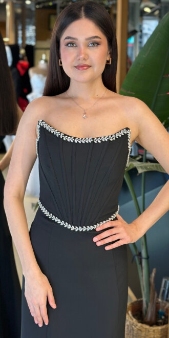 Siyah Straplez Yaka Yırtmaçlı Düz Kesim Krep Uzun Abiye Elbise 11208-01 - 3