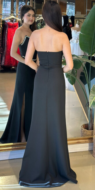 Siyah Straplez Yaka Yırtmaçlı Düz Kesim Krep Uzun Abiye Elbise 11208-01 - 5