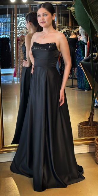 Siyah Taş Detaylı Sırt Dekolteli Yırtmaçlı Kloş Etekli Saten Uzun Abiye Elbise 7733 - 2