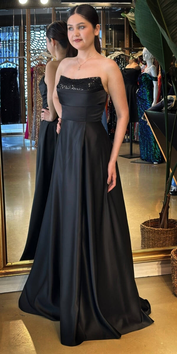 Siyah Taş Detaylı Sırt Dekolteli Yırtmaçlı Kloş Etekli Saten Uzun Abiye Elbise 7733 - 2