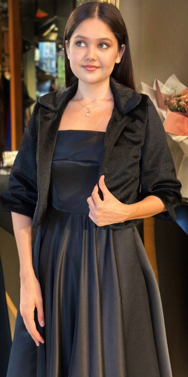 Siyah Tay Tüyü Kısa Bolero Abiye Ceket 6009 - 1