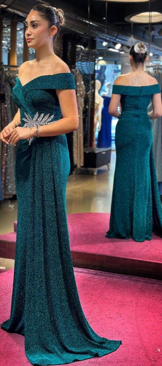 Siyah Turkuaz Madonna Yaka Taş Detaylı Yırtmaçlı Düz Kesim Simli Uzun Abiye Elbise 7566 - 3