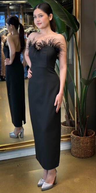 Siyah Tüy Detaylı Yırtmaçlı Düz Kesim Krep Midi Abiye Elbise 7765 - 2