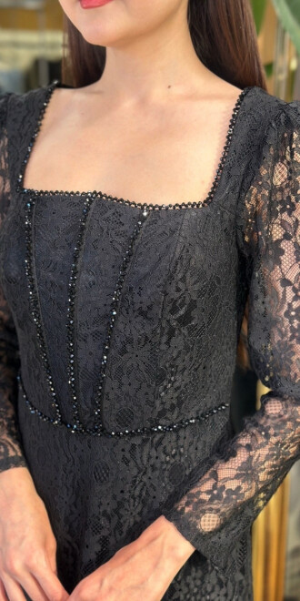 Siyah Uzun Kollu Boncuk İşlemeli Düz Kesim Dantel Uzun Abiye Elbise 11166-01 - 4