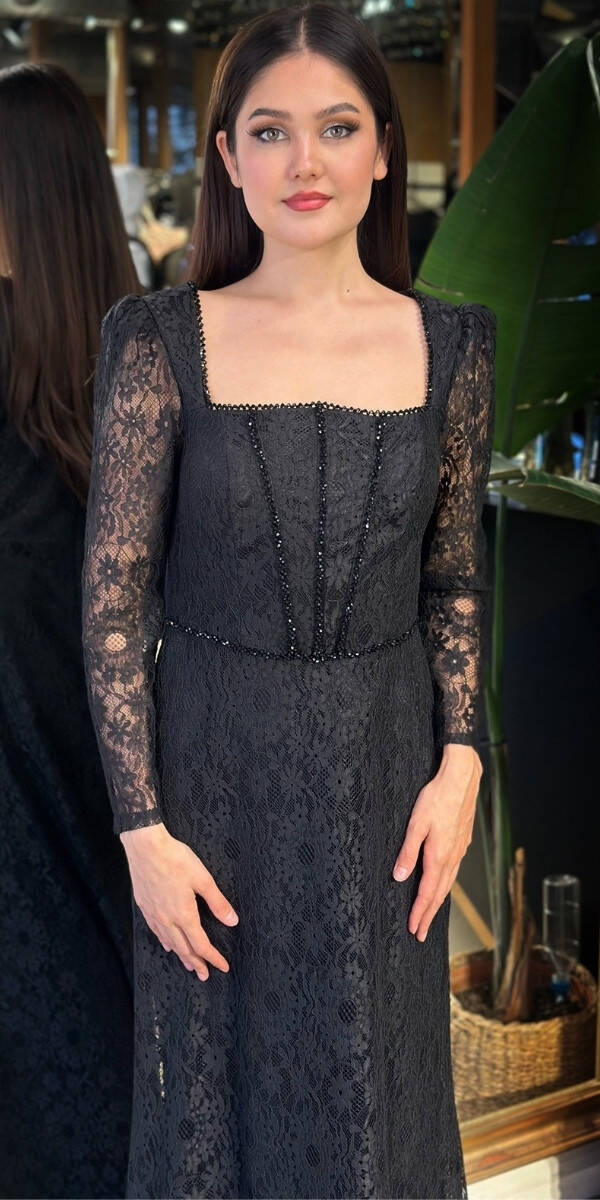 Siyah Uzun Kollu Boncuk İşlemeli Düz Kesim Dantel Uzun Abiye Elbise 11166-01 - 3