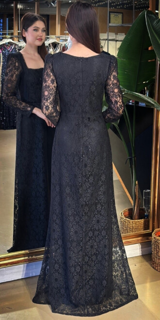 Siyah Uzun Kollu Boncuk İşlemeli Düz Kesim Dantel Uzun Abiye Elbise 11166-01 - 5