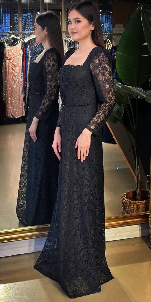 Siyah Uzun Kollu Boncuk İşlemeli Düz Kesim Dantel Uzun Abiye Elbise 11166-01 - 2