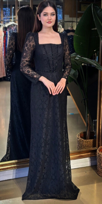 Siyah Uzun Kollu Boncuk İşlemeli Düz Kesim Dantel Uzun Abiye Elbise 11166-01 - abiyeniall