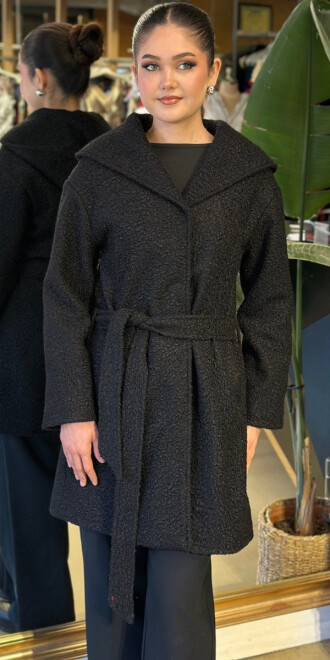 Siyah Uzun Kollu Coat Uzun Abiye Elbise 11160-01 - 2