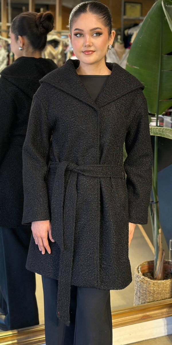 Siyah Uzun Kollu Coat Uzun Abiye Elbise 11160-01 - 2