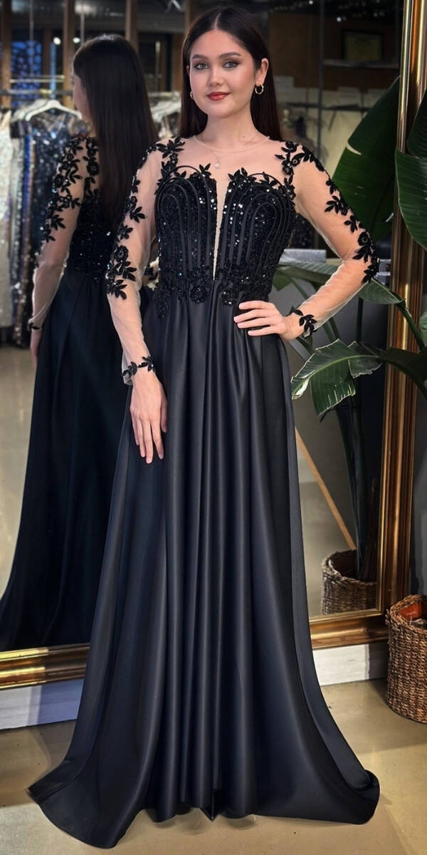 Siyah Uzun Kollu Dantel Detaylı Kloş Etekli Saten Uzun Abiye Elbise 11151-01 - 1