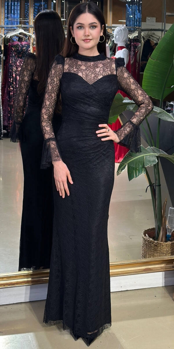 Siyah Uzun Kollu Düz Kesim Likralı Dantel Uzun Abiye Elbise 11203-01 - 1