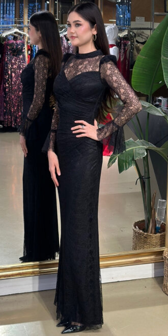 Siyah Uzun Kollu Düz Kesim Likralı Dantel Uzun Abiye Elbise 11203-01 - 2